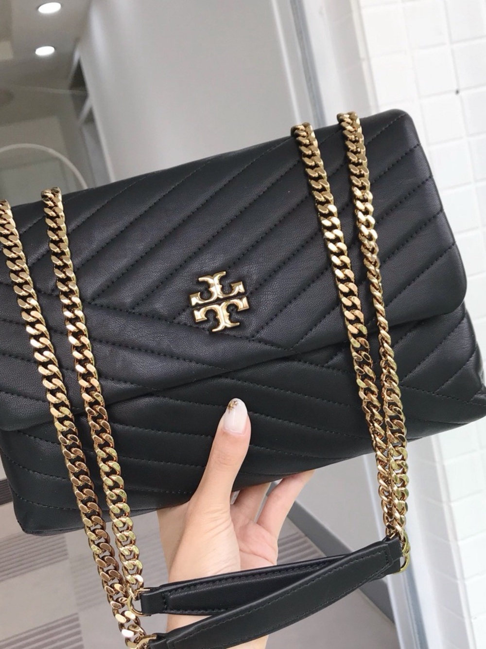 Tory Burch Black Quilted Shoulder Bag with Gold Chain